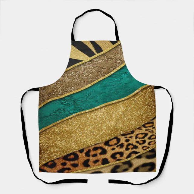 Luxury Emerald & Gold Safari Leopard Zebra Glitter Apron (Front)
