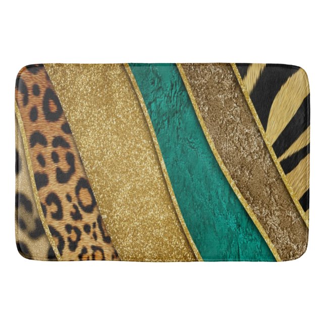 Luxury Emerald & Gold Safari Leopard Zebra Glitter Bath Mat (Front)