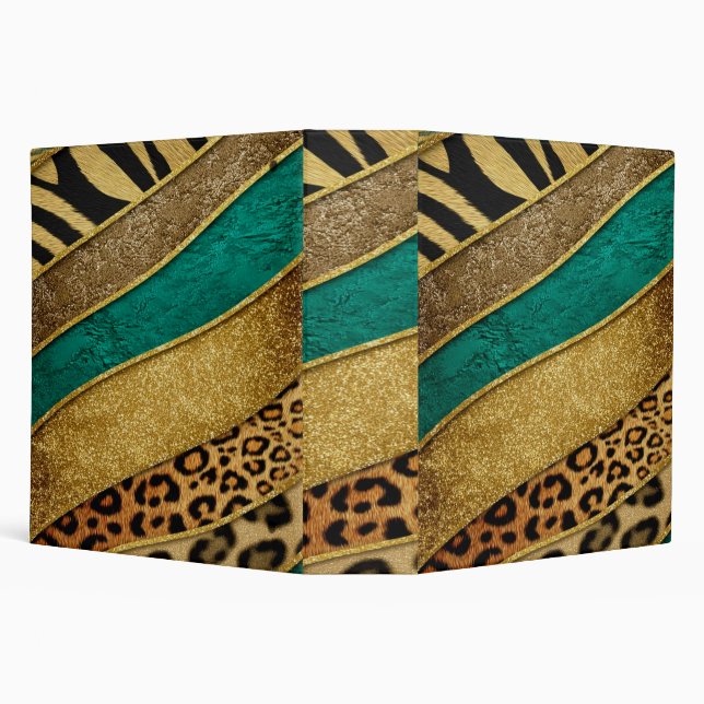 Luxury Emerald & Gold Safari Leopard Zebra Glitter Binder (Background)