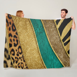 Luxury Emerald & Gold Safari Leopard Zebra Glitter Fleece Blanket