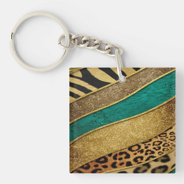 Luxury Emerald & Gold Safari Leopard Zebra Glitter Keychain (Front)