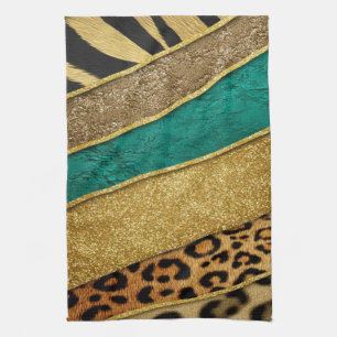 Luxury Emerald & Gold Safari Leopard Zebra Glitter Kitchen Towel