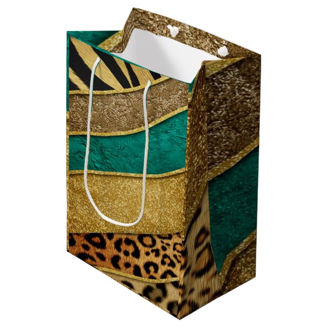 Luxury Emerald & Gold Safari Leopard Zebra Glitter Medium Gift Bag (Front Angled)