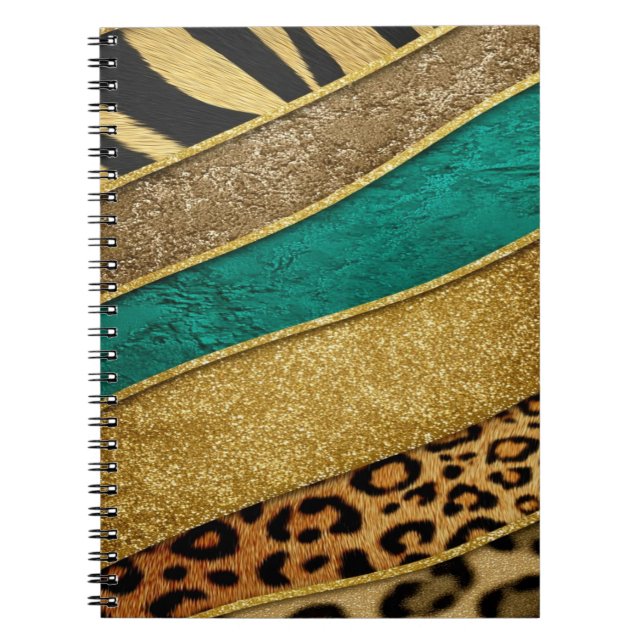 Luxury Emerald & Gold Safari Leopard Zebra Glitter Notebook (Front)