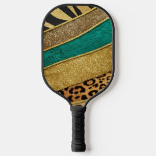 Luxury Emerald & Gold Safari Leopard Zebra Glitter Pickleball Paddle