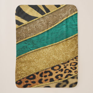 Luxury Emerald & Gold Safari Leopard Zebra Glitter Sherpa Blanket