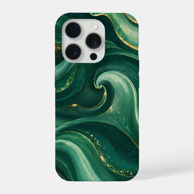 Luxury Emerald Green and Gold Liquid Marble iPhone Case (Back)