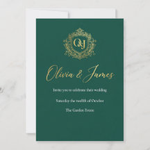 Luxury Emerald Green and Gold Monogram Wedding Inv