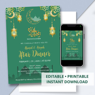 Luxury Emerald Green and Gold Mosque Iftar Dinner Invitation
