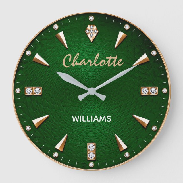 Luxury Emerald Green Diamond  Premium Gold Large Clock (Front)