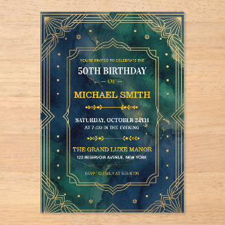 Luxury Emerald Green Gold Art Deco 50th Birthday Acrylic Invitations