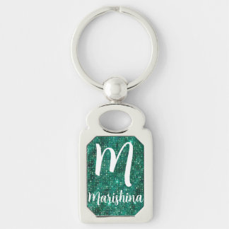 Luxury Emerald Green Shimmering Sequins Monogram Keychain