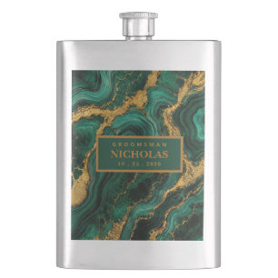 Luxury Emerald Malachite Gold Groomsmen Matte Hip Flask