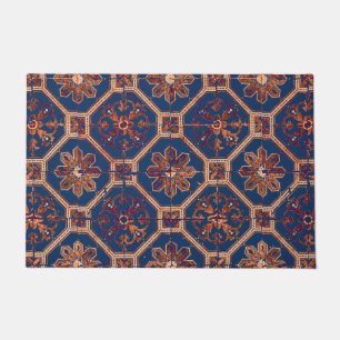 Luxury Ethnic Tile Pattern   Blue and Orange Doormat