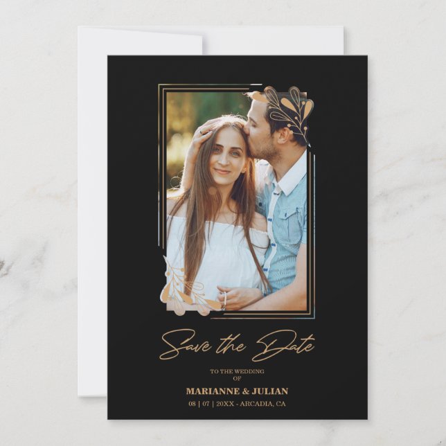 Luxury Fake Golden Branches Fancy Calligraphy Save The Date (Front)