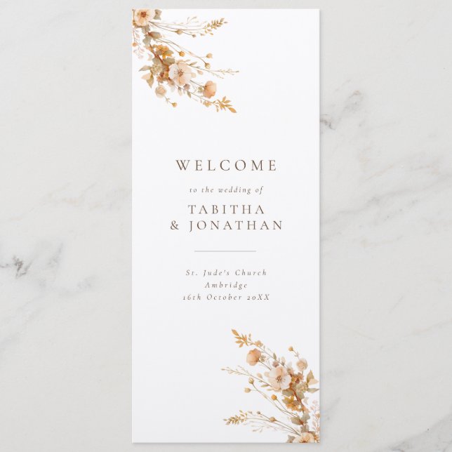 Luxury Fall Brown & Tan Wildflowers Wedding Program (Front)