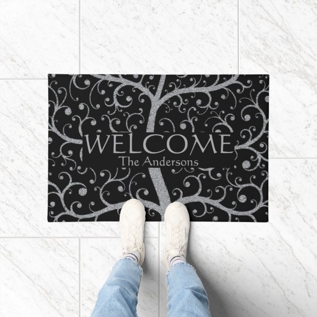 Luxury Family Tree Name Black Silver Personalized  Doormat (Indoor)