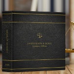 Luxury faux gold and black leather lawyer binder<br><div class="desc">Upscale elegant lawyer custom binder featuring a golden double stripes horizontal frame and a scale of justice over a black faux leather (PRINTED) background.                Easy to personalize on front,  spine,  and backside!              Suitable for legal services consultants,  lawyer office,  attorney at law,  legal advisors,  judge,  and other legal professionals.</div>