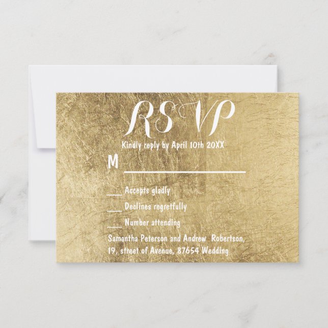 Luxury faux gold leaf wedding RSVP Card (Front)