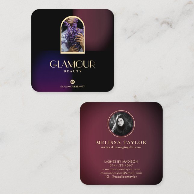 Luxury Faux Gradient Violet and Burgundy 2 Photos Square Business Card (Front/Back)
