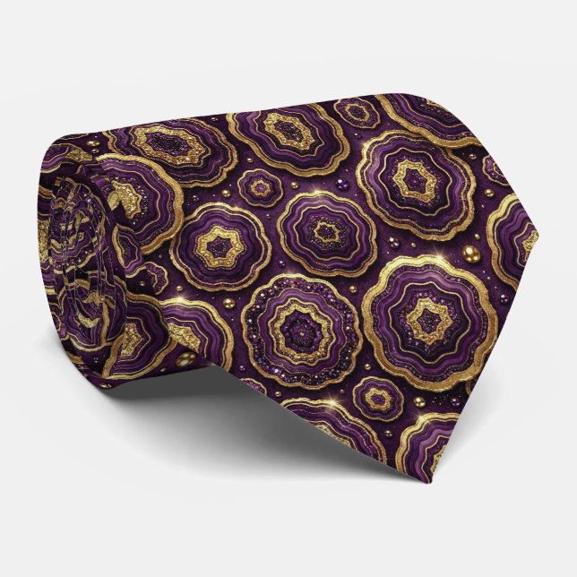 Luxury Faux Silk | Deep Plum + Gold Geode Neck Tie (Rolled)