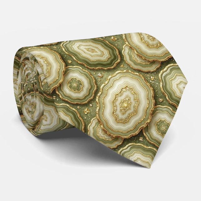 Luxury Faux Silk | Olive + Gold Geode Neck Tie (Rolled)