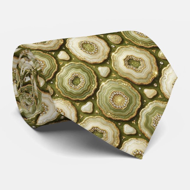 Luxury Faux Silk | Olive + Gold Geode Neck Tie (Rolled)