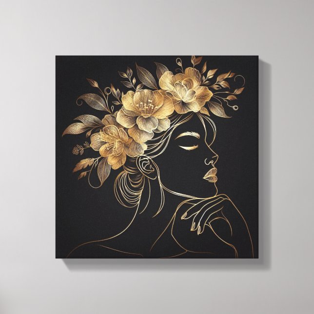 Luxury Feminine Face with Golden Floral Crown Canvas Print (Front)
