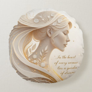 Luxury Feminine Portrait with Inspirational Quote Round Pillow