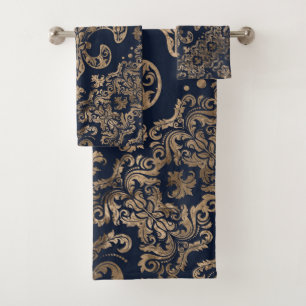 Luxury Fleur-de-lis Ornament - gold and dark blue Bath Towel Set