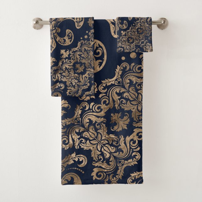 Luxury Fleur-de-lis Ornament - gold and dark blue Bath Towel Set (Insitu)