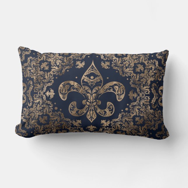 Luxury Fleur-de-lis Ornament - gold and dark blue Lumbar Pillow (Front)