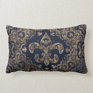 Luxury Fleur-de-lis Ornament - gold and dark blue Lumbar Pillow