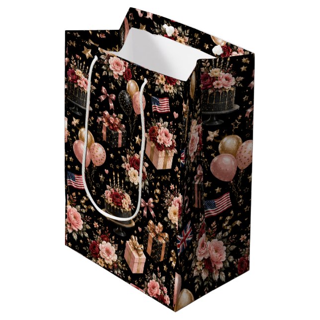 Luxury Floral Birthday Pattern Black Medium Gift Bag (Front Angled)