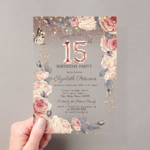 Luxury Floral,Butterfly,Lights 15th Birthday Acrylic Invitations