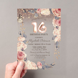 Luxury Floral,Butterfly,Lights 16th Birthday   Acrylic Invitations