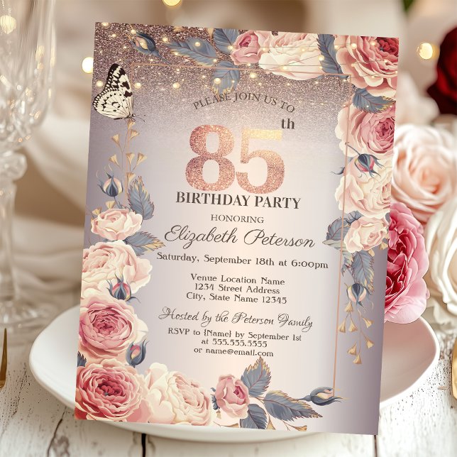 Luxury Floral,Butterfly,Lights 85th Birthday   Invitation (Creator Uploaded)