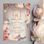 Luxury Floral,Butterfly,Lights 90th Birthday   Invitation<br><div class="desc">A modern,  chic and glamourous invitation with elegant string lights,  and flowers.</div>