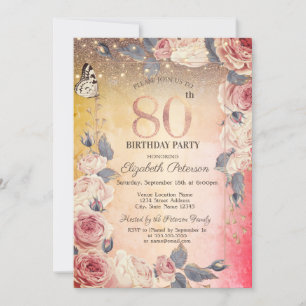 Luxury Floral,Butterfly,Lights Ombre 80th Birthday Invitation