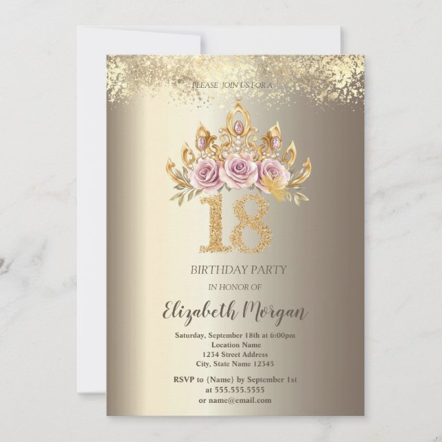 Luxury Floral Crown Gold Confetti 18th Birthday Invitation (Front)