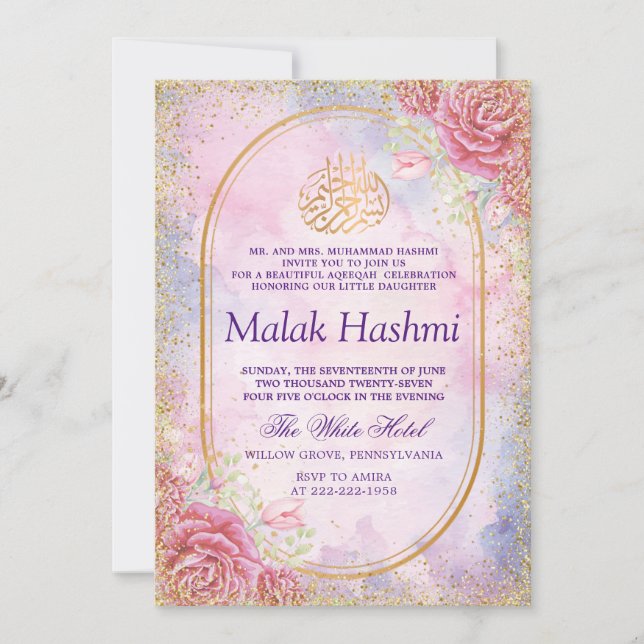 Luxury Floral Gliter Watercolor Islamic Aqeeqah Invitation (Front)
