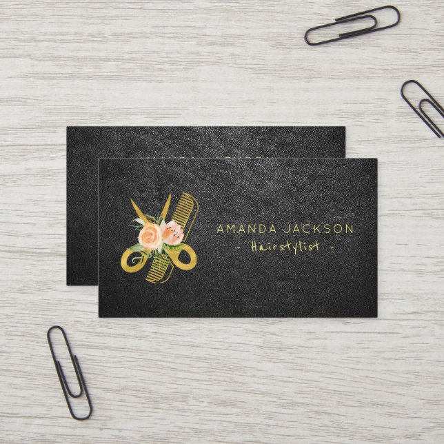 Luxury floral gold black leather hairstylist business card (Front/Back In Situ)