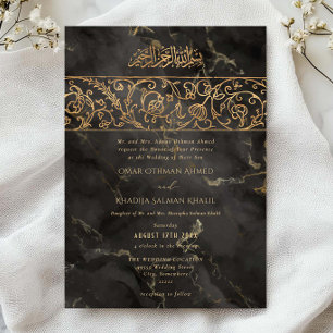 Luxury Floral Gold Black Marble Islamic Wedding Invitation