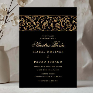 Luxury Floral Gold & Black Nuestra Boda Wedding Invitation