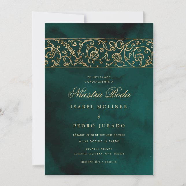 Luxury Floral Gold & Green Nuestra Boda Wedding Invitation (Front)