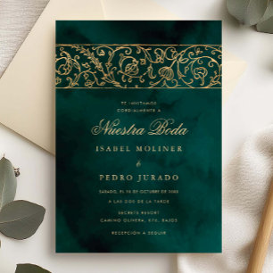 Luxury Floral Gold & Green Nuestra Boda Wedding Invitation