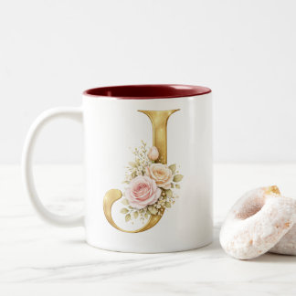 Luxury Floral Gold Letter J Monogram Logo Two-Tone Coffee Mug