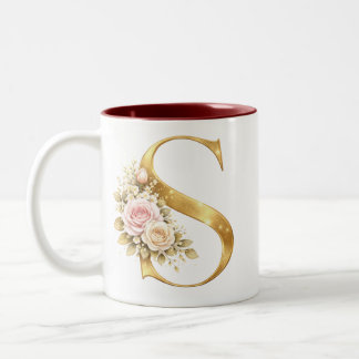 Luxury Floral Gold Letter S Monogram Logo Two-Tone Coffee Mug