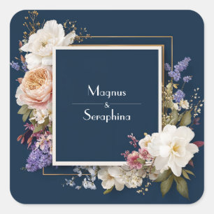 Luxury Floral Navy Blush Gold Double Frame Wedding Square Sticker