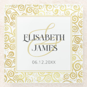 Luxury Flourish Chic Winter White And Gold Wedding Glass Coaster